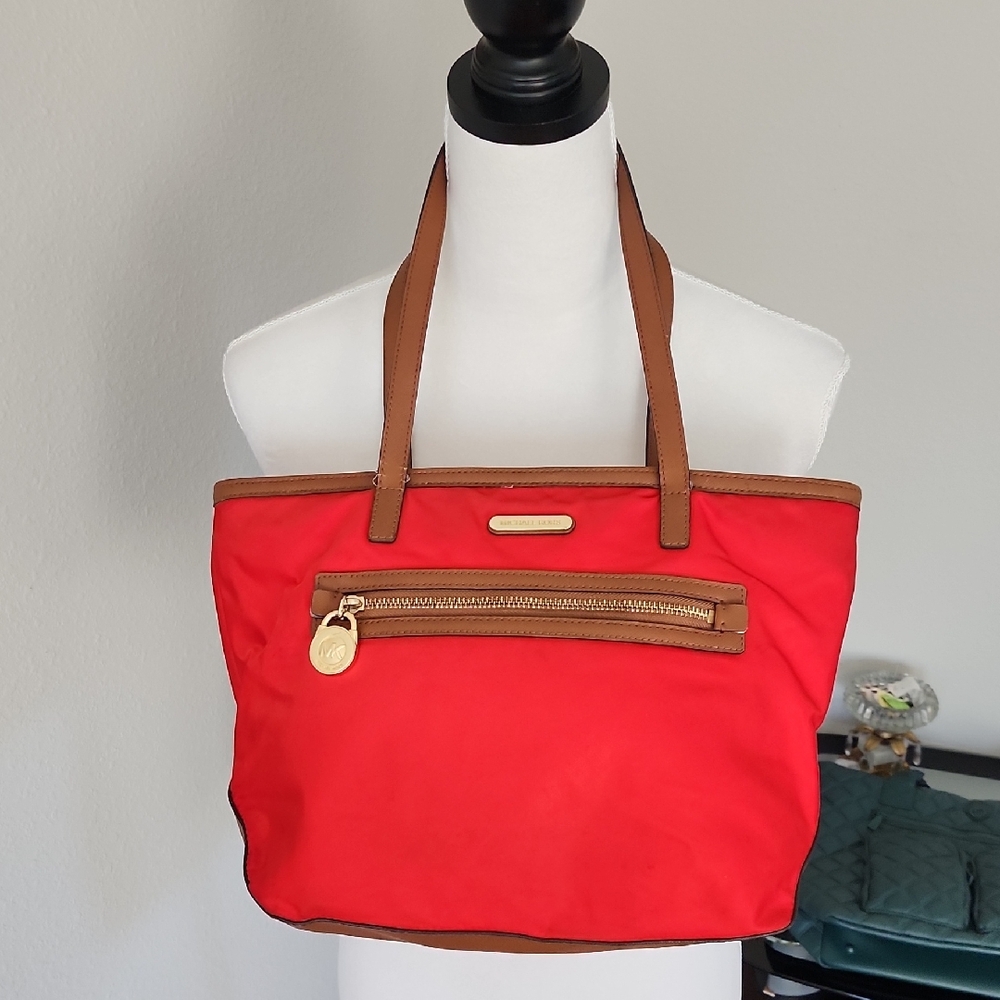 Michael Kors - Red Nylon Zip Leather Strap Purse / Tote
